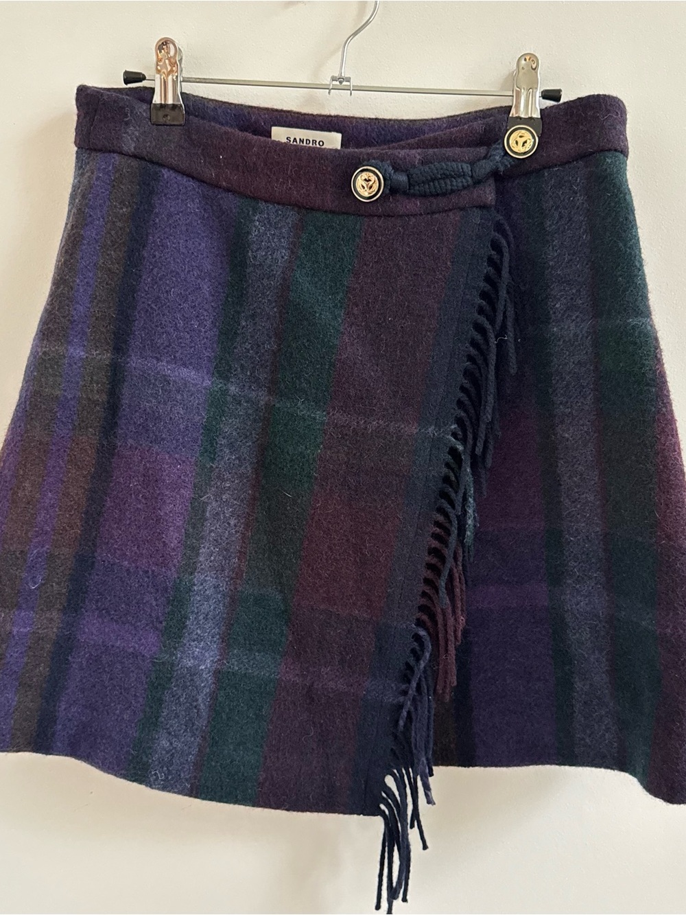 Sandro Plaid Wool Wrap Skirt in Purple, Navy, Forest Green